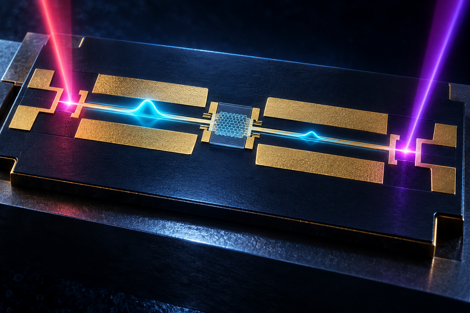Conceptual illustration of on-chip terahertz spectroscopy: optical pulses illuminate emitter and detector switches connected by a gold transmission line through a graphene device